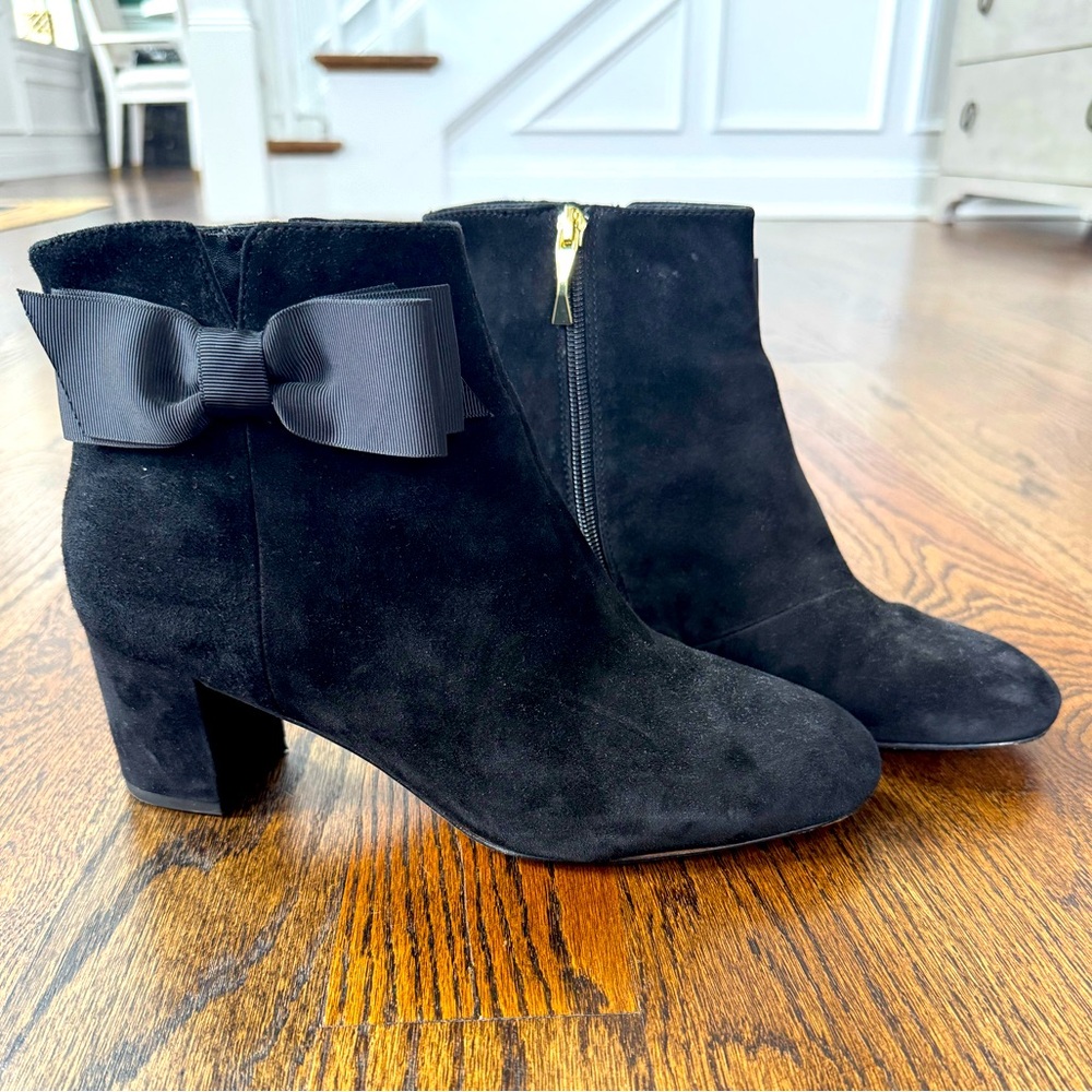 KATE SPADE Black Suede Ankle Booties with Bow Detail